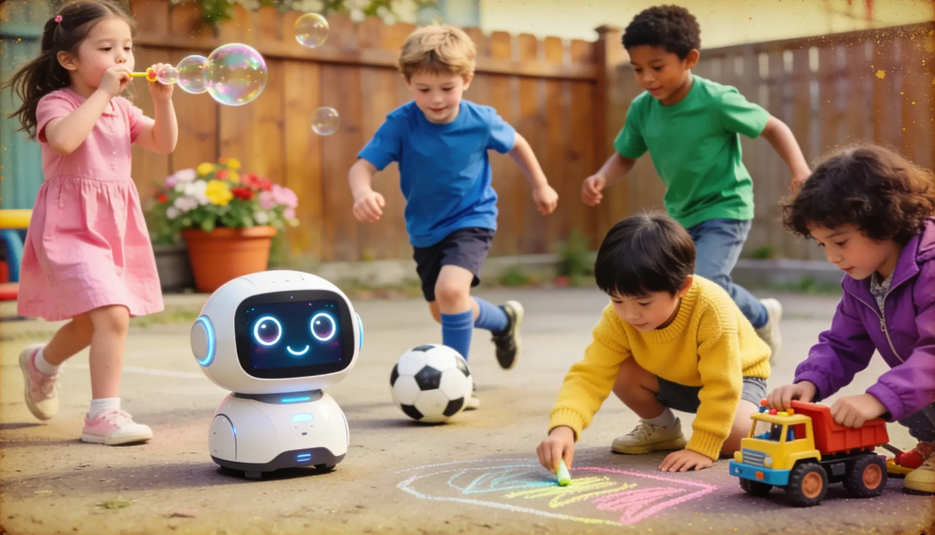 Children playingin the kindergarden - outside - and in the middle we see a small chatbot