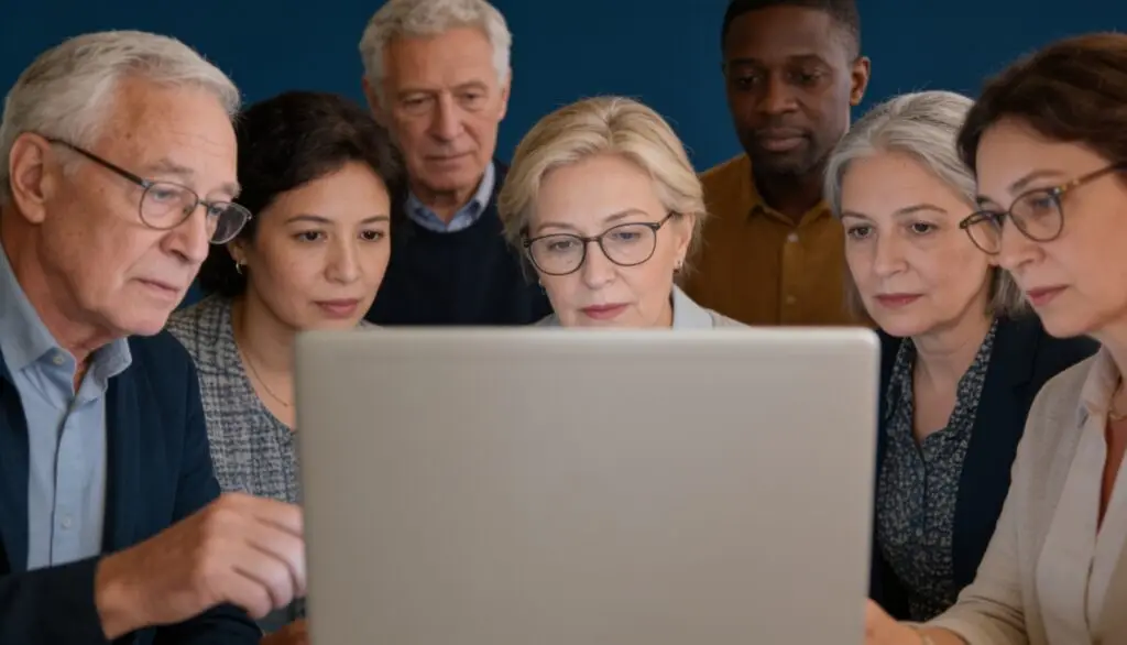 a group of people are sharing a laptop
