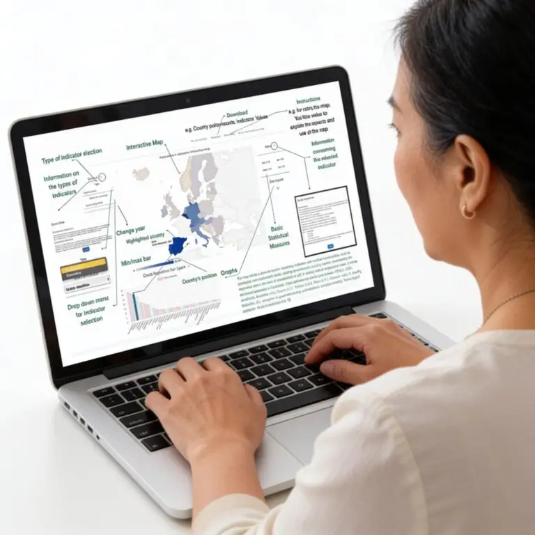 A woman is working on her laptop with the interactive map