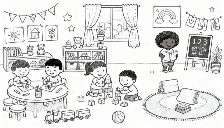 Illustration of kids playing in the kindergarten