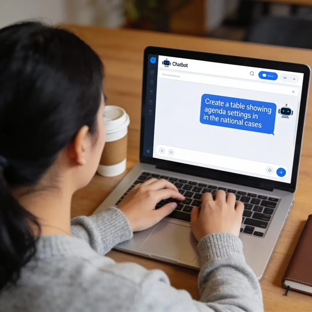 Female office worker working wit a chatbot on a laptop