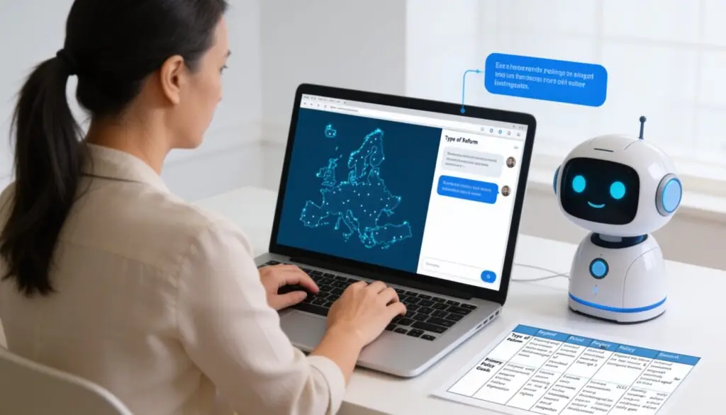a female office worker with a chatbot on her desk